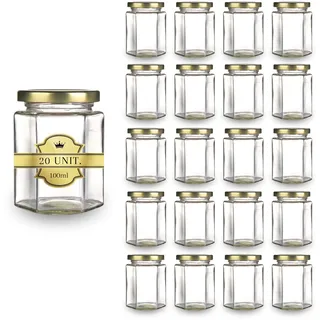 20 x kleine sechseckige Honiggläser mit Deckel 100 ml – Mini-Gläser, ideal für die Aufbewahrung von Honig, Marmelade, Gewürzen, Joghurt – Gastgeschenk, Hochzeit, Hochzeitsbevorzugungen und Babypartys