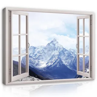 WallArena Leinwand Bilder - Fensterbilck Berge Natur Landschaft Fenster - 80x60 cm Leinwandbilder Bild auf leinwand Wandbild XXL groß Wandbilder für Wohnzimmer Schlafzimmer Wohnzimmerbilder Modern
