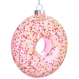 BRUBAKER Christbaumschmuck Handbemalte Baumkugel Donut mit Streuseln, kulinarische Weihnachtsdekoration aus Glas, mundgeblasenes Unikat - Lustige Weihnachtskugel Rosa 10 cm gelb|rosa|rot