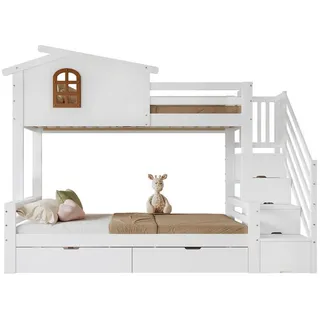 BlingBin Kinderbett Etagenbett Hochbett mit Eck-Leiterschrank & Schubladen (Kinderbett, 4-tlg., Kiefer + MDF + Sperrholz, 90x200cm&120x200cm), Exquisite Schöne Fenster, Stabile Lattenroste, Weiß+Natur weiß
