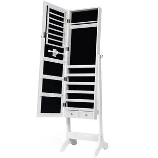 Costway Schmuckschrank freistehend, Spiegelschrank abschließbar, Schmuckregal mit Spiegel, Standspiegel mit Schubladen Weiss -