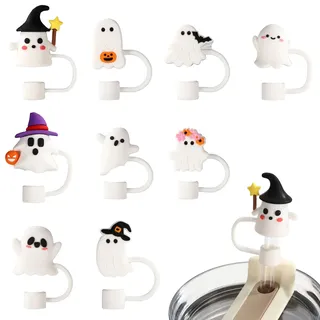 9stk Halloween Trinkhalm Hüllen für Stanley Cup, Wiederverwendbar Silikon Geister Trinkdeckel 9 Designs Niedlich Geister Hüllen für 10mm Strohhalme (Weiß)