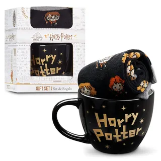 Harry Potter Tasse & Socken Damen Teenager Geschenkset, Keramik Kaffeebecher, Kuschelsocken Größe 35–41, Hogwarts Design, Geschenke für Frauen & Fans (Schwarz, 35/41 EU)