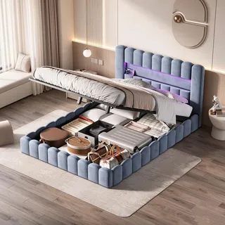 INONEFT Polsterbett 180x200, Doppelbett Bubble Bett mit LED und USB Ladefunktion Kopfteil, Boxspringbett mit hydraulisches Bettkasten, Samt, Grau - Grau