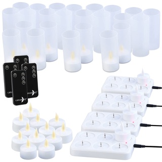 Lunartec LED-Teelichter Akkus: 24er-Set Akku-LED-Teelichter mit Ladestation, Fernbedienung, 15 Std. (LED-Teelichter zum Aufladen, Teelichter elektrisch aufladbar, Ladegerät)