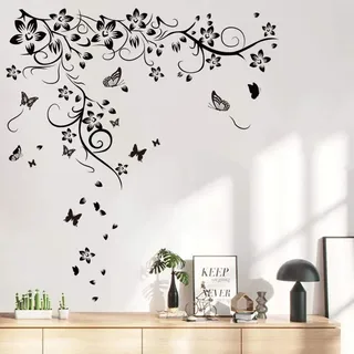 Runtoo Wandtattoo Blumenranke Wandsticker Schmetterling Schwarz Wandaufkleber Wohnzimmer Schlafzimmer Kinderzimmer