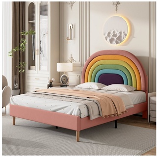 Flieks Polsterbett, Kinderbett mit verstellbarem Regenbogen-Kopfteil 140x200cm Samt rosa 140 cm x 206 cm x 118.5 cm