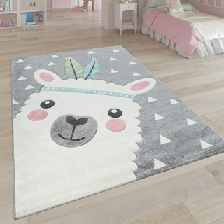 Paco Home Teppich Kinderzimmer Grau 3-D Motiv Alpaka Design Pastellfarben Weich Robust, Grösse:80x150 cm