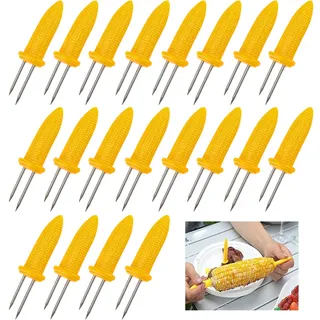TCOLS 20 Stück Mais Halter, Edelstahl Maiskolbenhalter Maiskolbenspieße Edelstahl Mais Halter Maiskolbenhalter-Set für BBQ Twin Prong Zuckermais Halter Hausmannskost Gabel Gartenparty (Gelb)