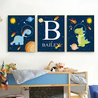 Youihom 3er Bilder Dinosaurier Kinderzimmer 30x40 Blau Poster mit Namen Junge Wandposter Personalisiert Baby Leinwand Babyzimmer Wandbilder Kinder Geschenke ohne Rahmen