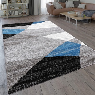 VIMODA Teppich Geometrisches Muster Meliert in Blau Grau Weiß Schwarz Kurzflor Wohnzimmer, Maße:200x280 cm