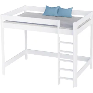 KidsComfort Hochbett 80x160 cm Weiß | Kinderbett mit Leiter aus Holz | Kinderhochbett mit Leiter | Hochbett für Kinder ab 6 Jahren | Rollrost aus Massivholz dabei | Einstieg links oder rechts