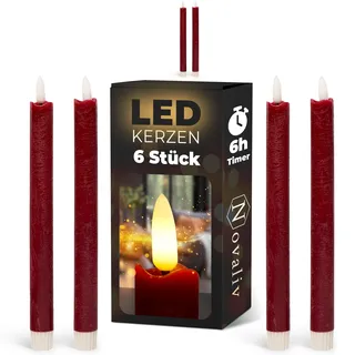 Stabkerzen LED mit Timer Rot 6 Stück indoor - 6 Stunden - ECHTWACHS 24cm Höhe für Kerzen 2,2cm Durchmesser 2 AAA Batterien notwendig LED Stabkerzen 4er Set Rot (zwei Mal) bewegliche Flamme Licht