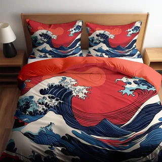 CozyRest Bettwäsche Set 3-teilig, Mikrofaser Anime-Kunststil Meereswellen Bettbezug Set mit Reißverschluss, 1 Bettbezug + 2 Kissenbezüge, Eckenbänder, Pflegeleicht, für Einzelbett 135 x 200 cm