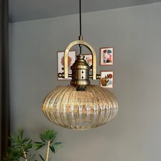 bamyum Elegant Pendelleuchte Vintage Glas, 30 cm Retro Hängelampe Esstich, Pendelleampe Kugel, Küchenlampe Wohnzimmer E27, Glaslampe Hangend, Lampenschirm