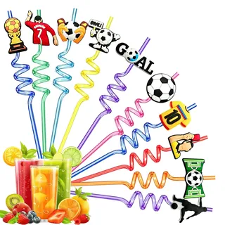 OPVYAEU 8 Stk Fußball Strohhalme Kindergeburtstag - Wiederverwendbare Trinkhalme für Fußball Geburtstag Deko - Bunte Lockige Plastikstrohhalme als Partyzubehör & Gastgeschenke für Kinder Jungen