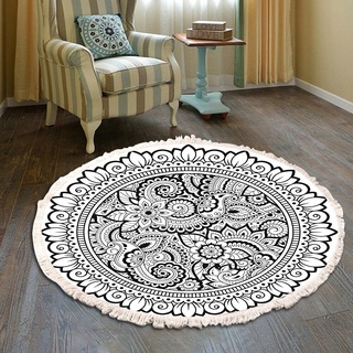 Vintage Boho Baumwolle Teppiche Mandala Muster Waschbar Handgewebte Böhmische Runder Teppich mit Quasten für Schlafzimmer Flur Wohnzimmer Couchtisch Fußmatten,Waschmaschinenfest,60CM Blumen #25