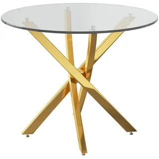 OKWISH Runder Esstisch aus gehärtetem Glas und Metall, Gold/Glas, Ø 80 cm, Kreuzbeine, leicht zu reinigen