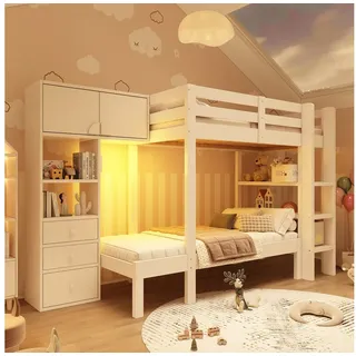 Flieks Etagenbett, Kinderbett 90x200cm mit intelligentem Nachtlicht, Schrank und Regal weiß