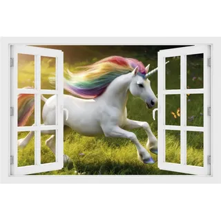 DesFoli Wandtattoo Einhorn mit bunter Mähne - verschiedene Rahmentypen DW000173 Farbe Fensterrahmen Querformat, Größe 150 cm x 100 cm