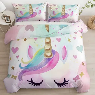 CozyRest Bettwäsche Set Kind Wende Atmungsaktive Bettbezug Set, Aquarell Herz, Niedliches Einhorn mit Regenbogenhaar Muster, Flauschige Bettbezug mit Reißverschluss und 40x60cm Kissenbezug