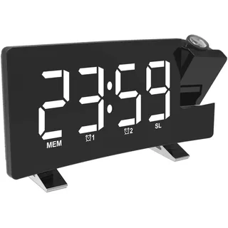 DollaTek Projektionswecker für Schlafzimmer Digitale Decke Radio Wecker mit Doppelwecker 4 Dimmer 180 ° drehbarer großer LED-Bildschirm - Schwarze Schale Weißes Wort