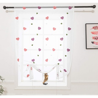 Lactraum Raffrollo Raffgardine Kinderzimmer Mädchen Rosa Bestickt Herz romatisch Voile 80 x 120 cm (B x H)