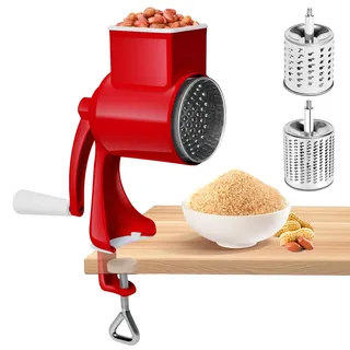 AROMUJOY Manuelle Nussmühle mit 2 Abnehmbaren Trommelblättern, Käsereibe mit Kurbel, Erdnussmühle, Mandelmühle, Gemüsehobel Edelstahl für Nüsse, Mais, Käse, Karotten, Rot