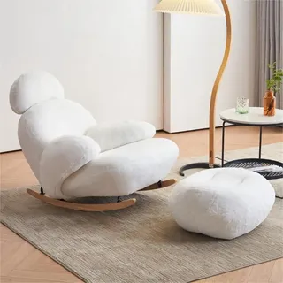 GJVBGA Moderner, bequemer Lounge-Schaukelstuhl, Einzel-Sofasessel mit Fußstütze, kippsicheres Design, Massivholz-Basisstuhl, Sessel, Einzel-Sofa-Stuhl für Lesezimmer (Farbe: Weiß)