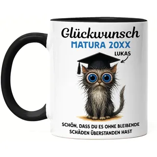 Matura 2026 Tasse Personalisiert | Matura Geschenk Katze Lustig Spruch | Geschenke Jungen & Mädchen zur bestandenen Prüfung - Tasse Schwarz