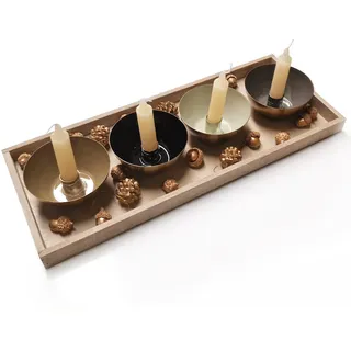 Logbuch-Verlag 4 Schalen für Kerzen als Adventskranz auf einem Holztablett mit weihnachtlicher Dekoration Gold Natur braun 45 x 18 cm