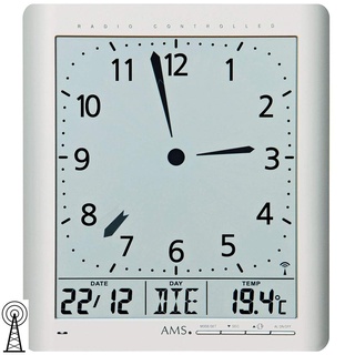 AMS 5898 Wanduhr Tischuhr Funk Digital Silbern Datum Thermometer Weckfunktion