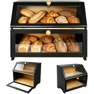 VickyHome Brotkasten Metall Schwarz mit Bambus Deckel, Brotkasten Holz mit 2 Etagen zur Brotaufbewahrung, Elegant brotbox küche natürlicher Brotaufbewahrungsbehälter, Shwarz