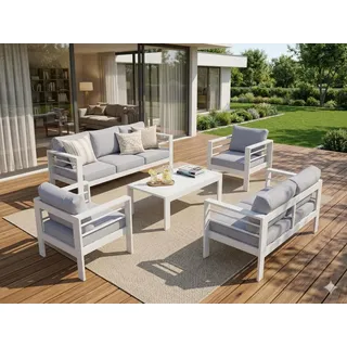 MeXo Gartenmöbelset, Loungeset Aluminium für 6-7 Personen mit Kissen & Couchtisch Indoor Outdoor Balkon Garten Terrasse (Sitzgruppe, Aluminiumrah... - Weiß