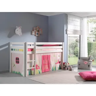 Vipack Spielbett Pino 90 x 200 cm Kiefer massiv weiß lackiert mit Vorhang Blumen