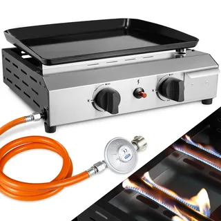 Gas Plancha Grillplatte, Kompakt Tischgasgrill 2 Brenner, Gasgrill Edelstahl 4,8 KW(16500 BTU), Keramische Lackbeschichtung Grillfläche, Tragbarer Balkon Camping Picknick BBQ Grill (Butan/Propan)