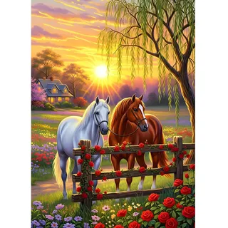 XWDYBDP DIY Diamond Painting Couple Horses, 5D Luxury Diamond Painting for Adults Beginners Sunset Scenery Diamond Embroidery DIY Full Drill Garden Diamonds Art Home Wall Decoration 30x40 cm