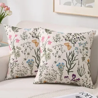 2x Kissenhüllen 45x45 cm, wasserdicht, Blumen und grüne Blätter, für Garten, Sofa, Frühling und Sommer