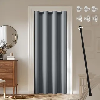 JCyh blickdichter Türvorhang mit Teleskopstange, einfache Montage ohne Bohren, 1 Stück Verdunkelungsvorhang Grau H 195 x B 132 cm für Zimmer tür, Stange Schwarz 70-125 cm