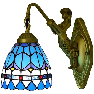 PAZWAHF Vintage Blaue Wandleuchte im Tiffany-Stil, 6 Zoll Glasspiegel-Frontleuchte, Schlafzimmer neben der Wandleuchte mit Meerjungfrau-Lampenarm