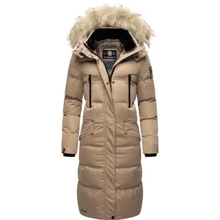 MARIKOO Damen Wintermantel warmer Steppmantel lang mit abnehmbarem Kunstfell und Kapuze Schneesternchen Taupe Gr. XXL - XXL