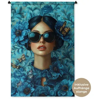 MuchoWow Wandteppich Frau - Blumen - Schmetterlinge - Blau - Abstrakt, Rechteckig, Höhe: 3 mm, Wandtuch Wohnzimmer, Schlafzimmer, 90x135 cm blau Rechteckig | 90 cm x 135 cm x 3 mm