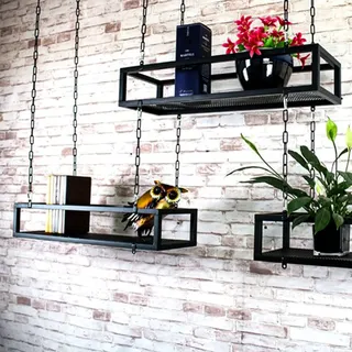 Decke Hängende Schweberegale Racking Blumenständer Weinregal Küchen Topfhänger Lagerregal-Schwarz Metall Eisenrahmen-60cm/80cm/120cm/140cm/150cm Dekoratives Ausstellungsständer für Balkon Wohnzimmer