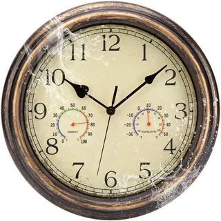 ACCSHINE Outdoor Wasserdicht Wanduhr Mit Thermometer und Hygrometer Anzeige Wanduhr Ohne Tickgeräusche Lautlos 30cm Quarz Batterie Betriebene Groß Deko Garten Wand Uhr (Goldbronze, 30cm)