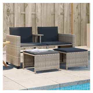 vidaXL Gartenlounge-Set Gartensofa 2-Sitzer mit Tisch und Hockern Hellgrau Poly Rattan, (1-tlg) grau