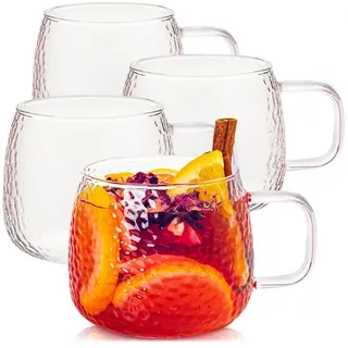 KONZEPT Teeglas mit Henkel 2/4-er Set, Teetasse 420 ml, Tassen Set aus Borosilikatglas, 4-tlg., ideal für Kaffee, Tee, Eiskaffee, Matcha, Kakao und heiße Schokolade