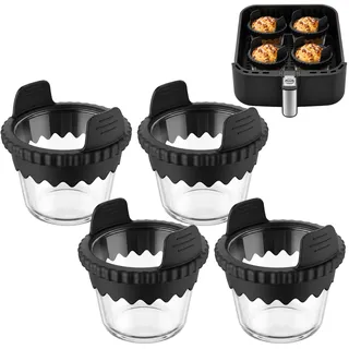 BYKITCHEN Muffinform für Airfryer aus Glas mit Silikongriffen, 4er-Set | 4 kleine Glas-Backformen, bis 300 °C, abnehmbare Silikongriffe, spülmaschinengeeignet, für Muffins, Kuchen, Eier, Pudding