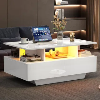 Merax Modernes Hochglanz Couchtisch Wohnzimmertisch Beistelltisch LED Couchtisch mit Stauraum und 2 Schubladen – Stilvoller Beistelltisch mit Stauraum, 90x55x41 cm - Weiß