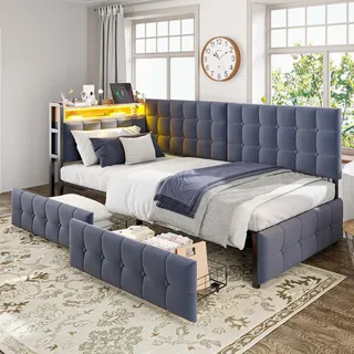 Merax Tagesbett Kinderbett 90x200 cm, Polster-Schlafsofa mit LED, 2 Schubladen & USB-/Typ-C-Anschluss, Einzelbett aus Samt für Jugendzimmer, Grau - Grau