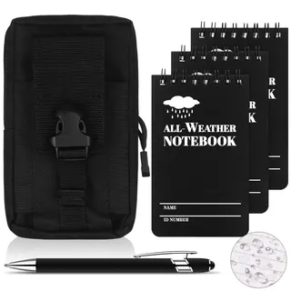 HAOWANWW Wasserdichtes Notizblock, Stifte-Set, wasserdichtes Notizbuch, Mini-Spiralnotizbuch, Allwetter-Steinpapier, schwarzer Einband, Taschennotizblock, taktische Steno-Block mit Raster für